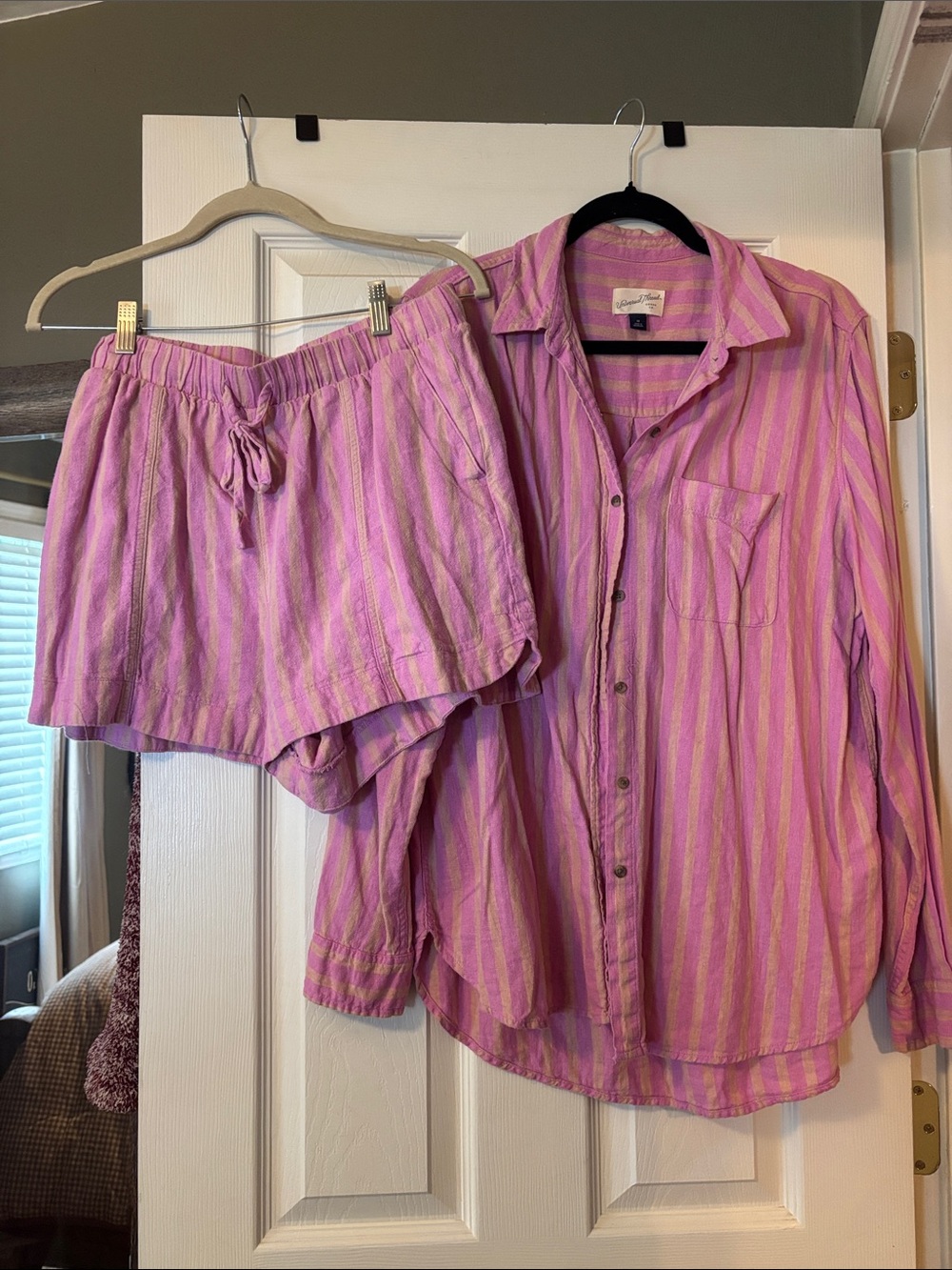 Universal Thread Pink & Yellow Striped Button-Front Linen Shirt and Shorts Set